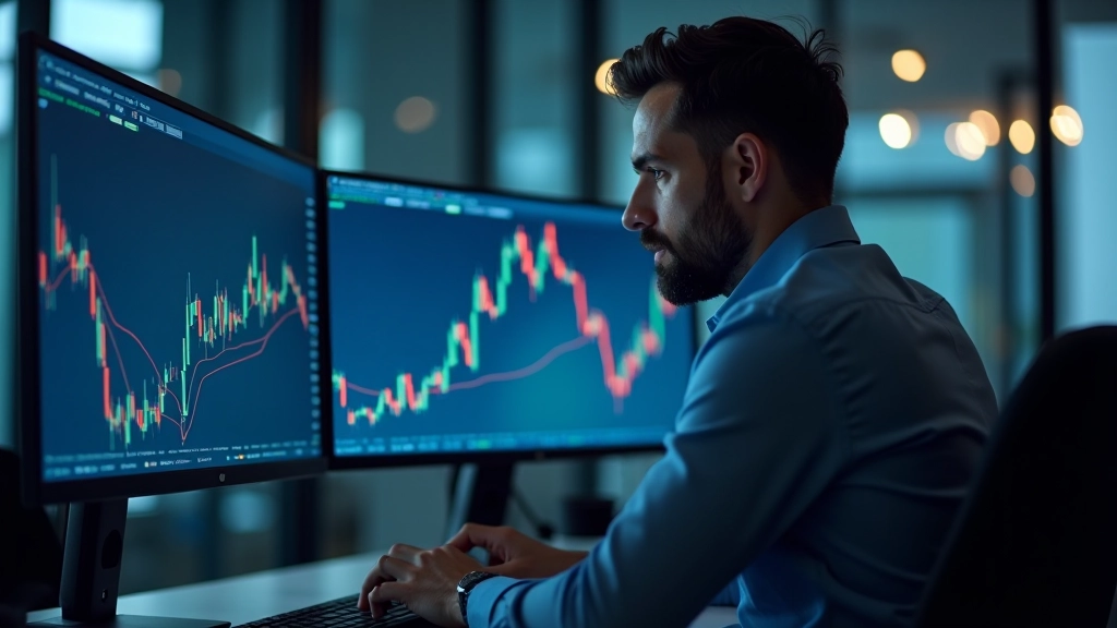 Trader analyzing technical charts on monitors with detailed price action patterns
