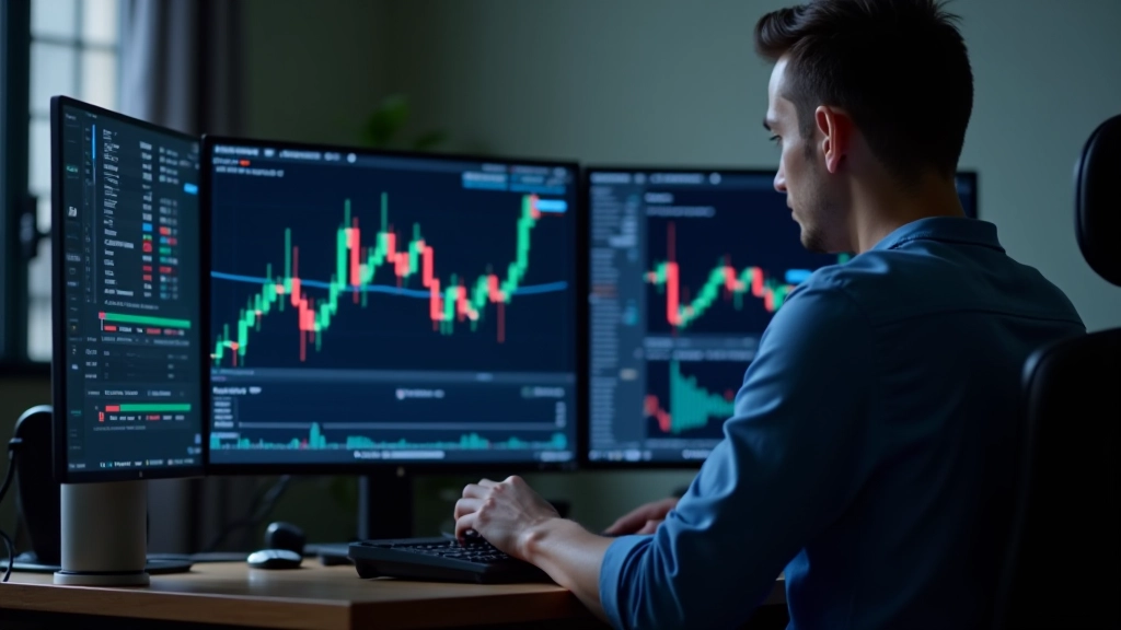 Multiple monitor setup showing different chart timeframes and technical indicators during market analysis session