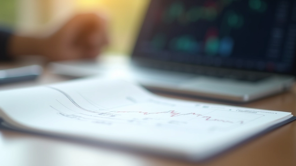 Trader's notebook with handwritten chart analysis notes next to laptop displaying candlestick patterns